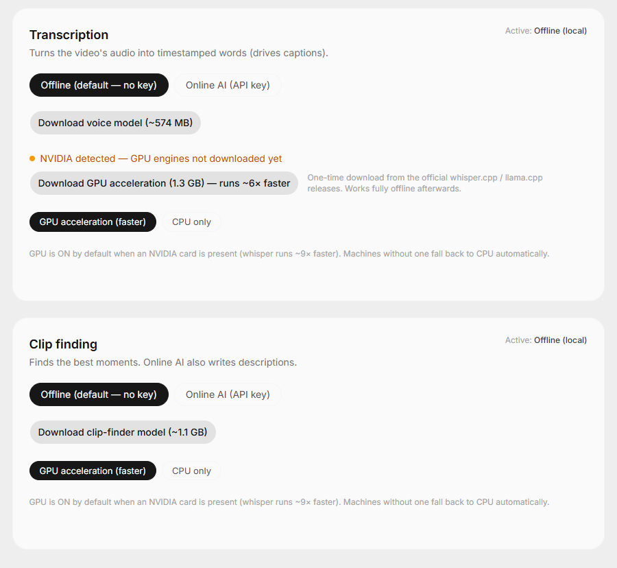VClip Models tab with offline AI, voice model and GPU acceleration downloads